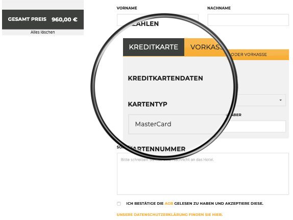 Buchungsmaske Arrangement Buchung Warenkorb Kreditkarte